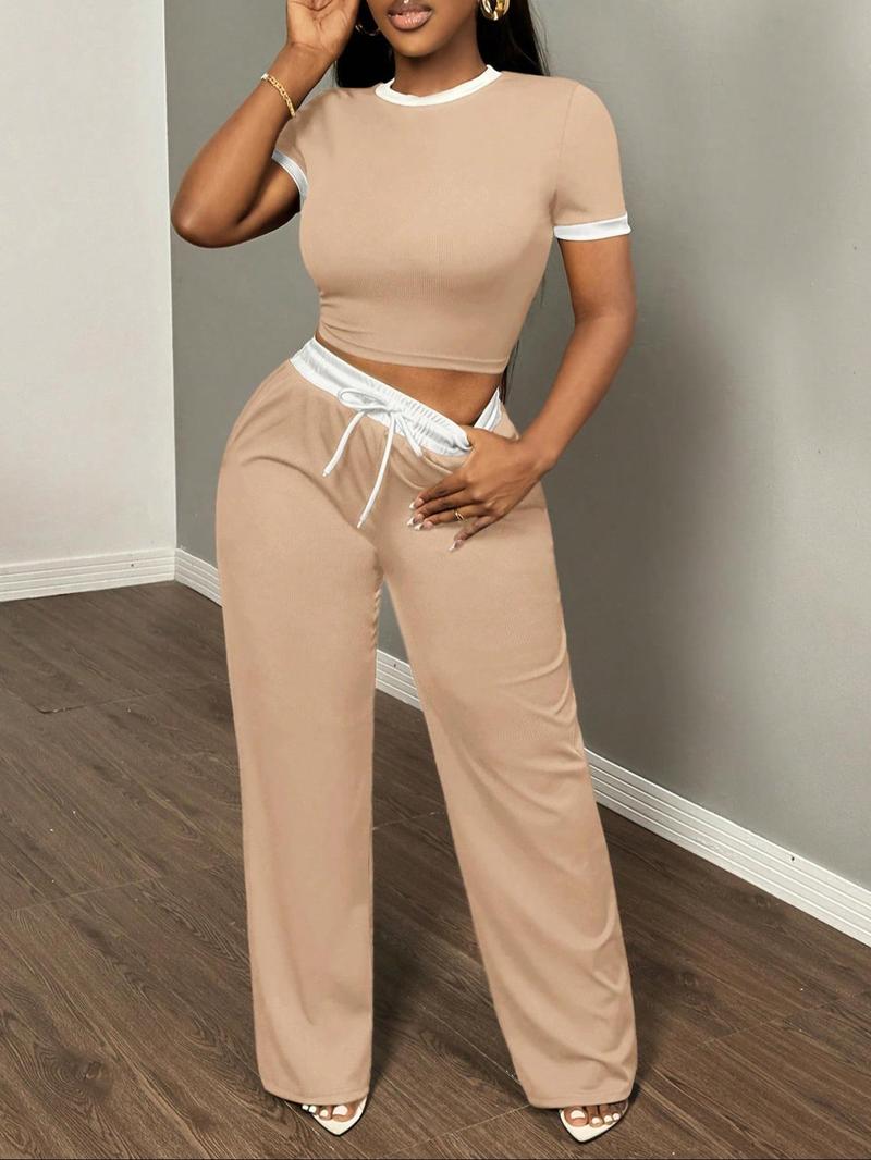 Women's New Casual Colorblock Slim Fit Round Neck Short Sleeve Top, Drawstring Waist Side Pocket Pants Two-Piece Set