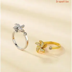 Gold Adjustable Open Windmill Index Finger Ring, Niche Luxury Personalized Finger Jewelry For Women Daily Styling