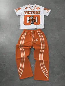 Men's Summer Two-Piece Set, American Football Street Style, Short Sleeve T-Shirt + Vintage Striped Camo Pants, Comfortable and Breathable