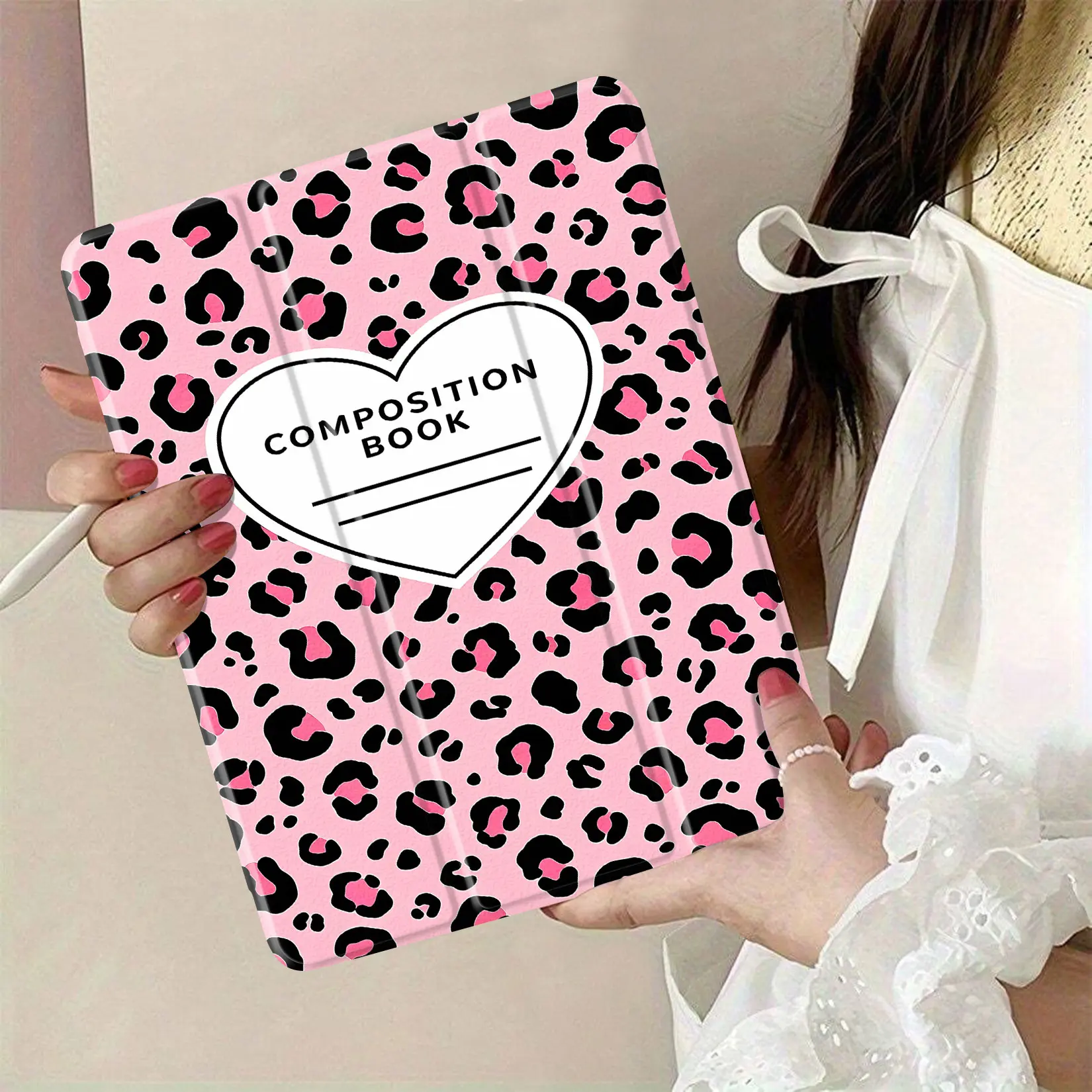 Pink Leopard Print Composition Book with Heart Design, Tablet Cover - Stylish Accessory for Students, Ideal for Note-Taking