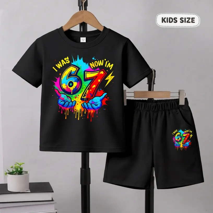 Boys’ Six Seven 67 Printed Design Short Sleeve T-Shirt And Shorts Set, Casual Kids Summer Outfit, Comfortable Crew Neck Clothing Set For Daily Wear And Outdoor Play
