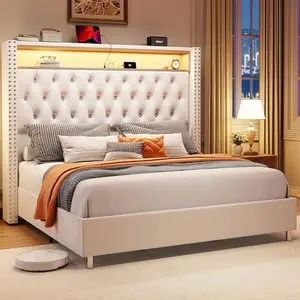 Queen/King Size Velvet Upholstered Platform Bed With Wingback Design, Integrated LED Lights, Charging Station, And Under-Bed Motion Sensor Lighting – No Box Spring Required, Built-In Storage, Cream