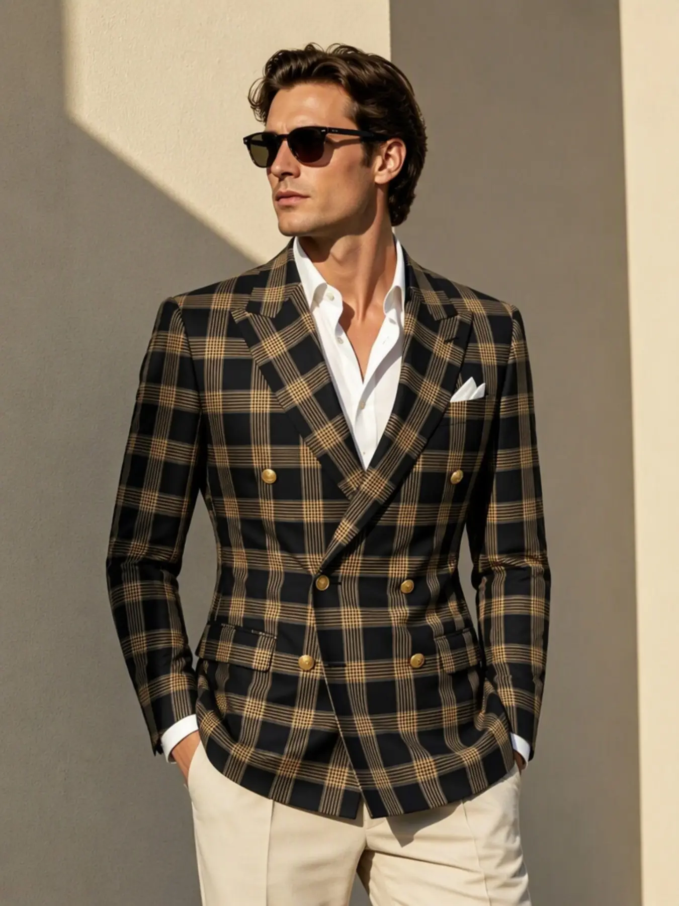 Ainwear Men Plaid Blazer Jacket, Double Breasted, Glossy Satin Notch Lapel, Formal Wear for Weddings, Parties, Business