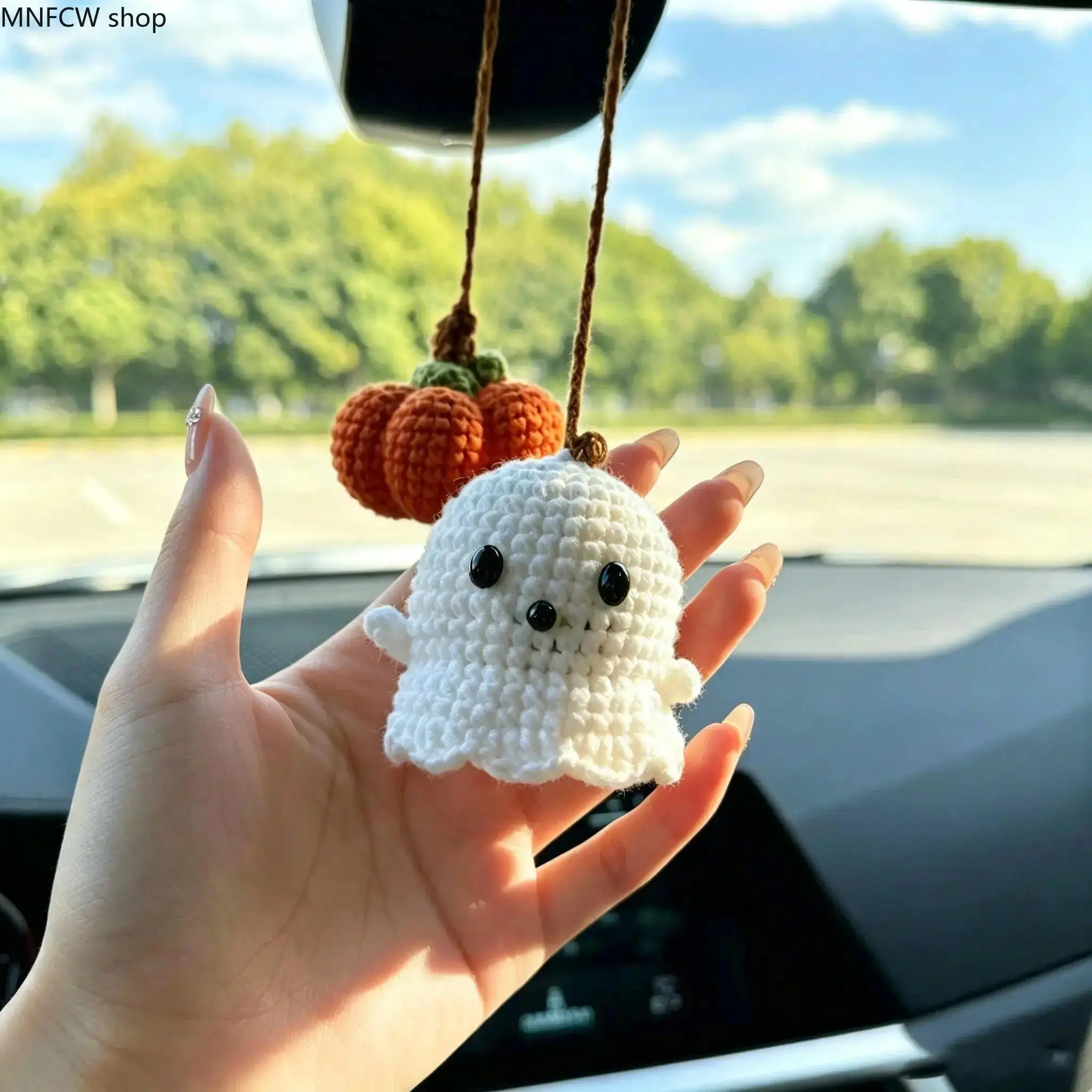 Crochet Ghost & Pumpkin Car Mirror Hanging Accessories Cute Handmade Amigurumi Plush Charm Cozy Season Road Trip Ornament Halloween Autumn Decor Aesthetic Vehicle Rearview Pendant Gift