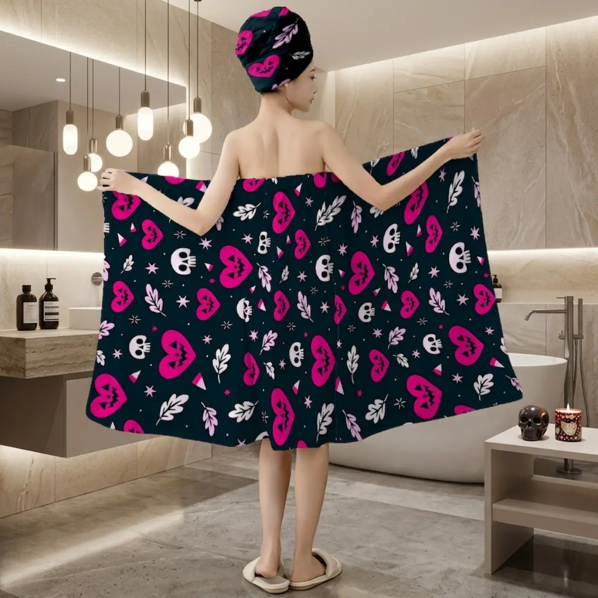 2Pcs Halloween Pink Pumpkin Skull Bath Wrap Towel Set for Women, Gothic Wearable Shower Skirt & Hair Towel Turban, One Size/Plus XXXXL, Soft Spa Bathrobe, Beach Cover Up, Spooky Bathroom Gift