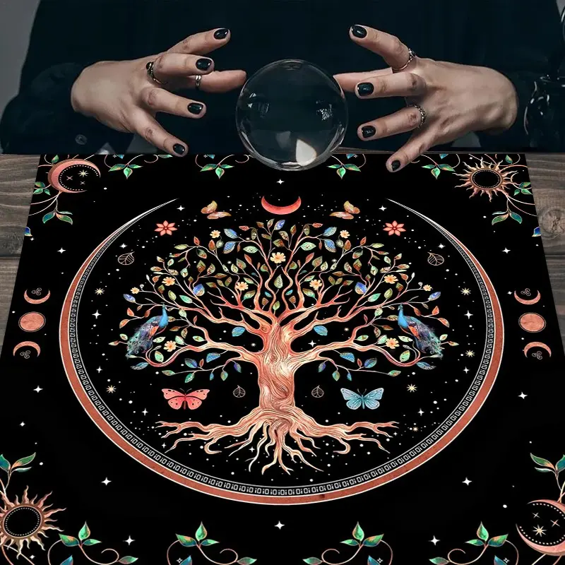 1pc Tree of Life Sun Moon Tarot Cloth, Peacock Butterfly Floral Life Tree Altar Cloth, Bohemian Starry Floral Border Table Mat, Multi Purpose Wall Tapestry Home Room Decor