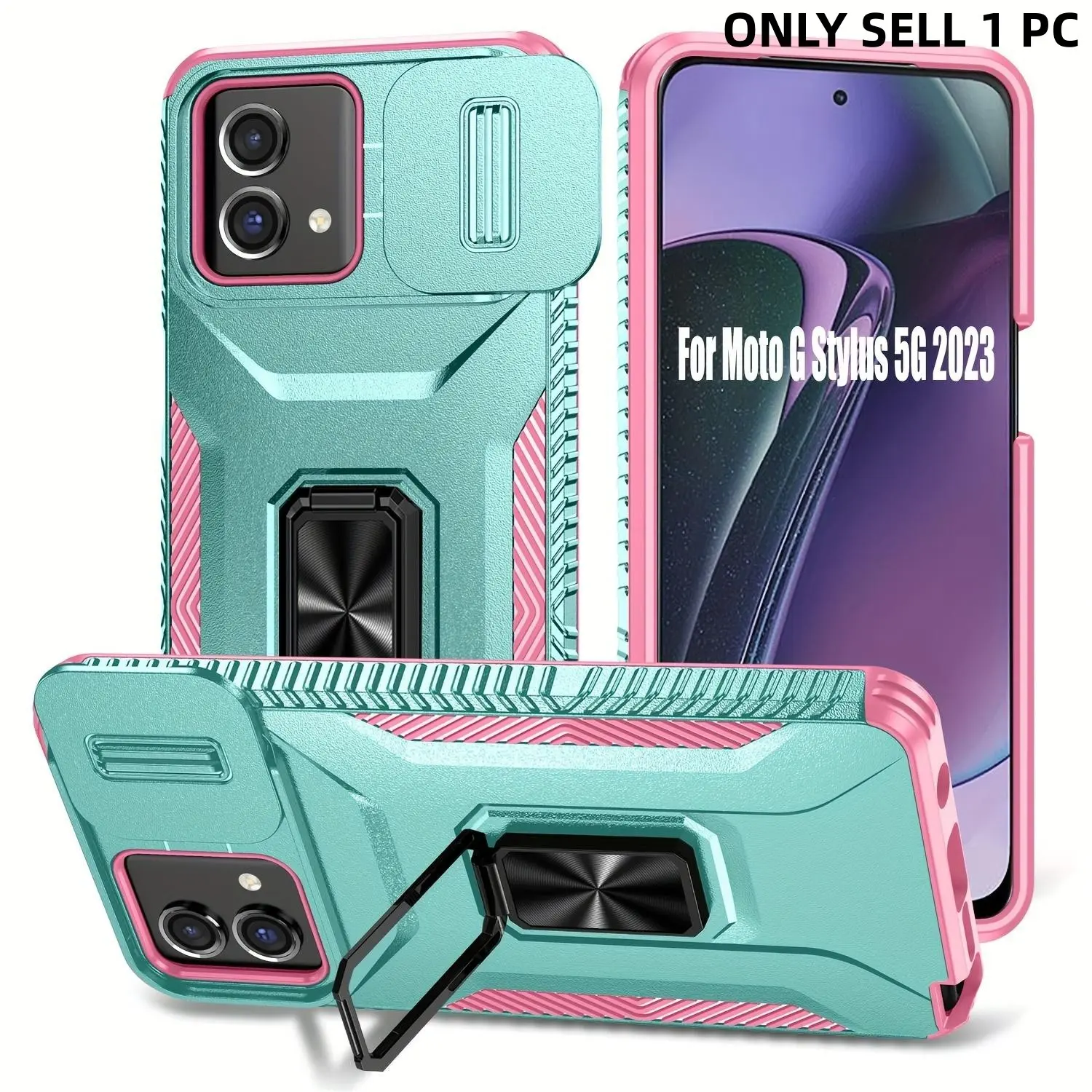 Shockproof Phone Case Casing with Built in Kickstand, Hybrid Protective Hard Shell Cover, Durable Protector, Phone Accessories for Motorola Moto G Play 4G 2024
