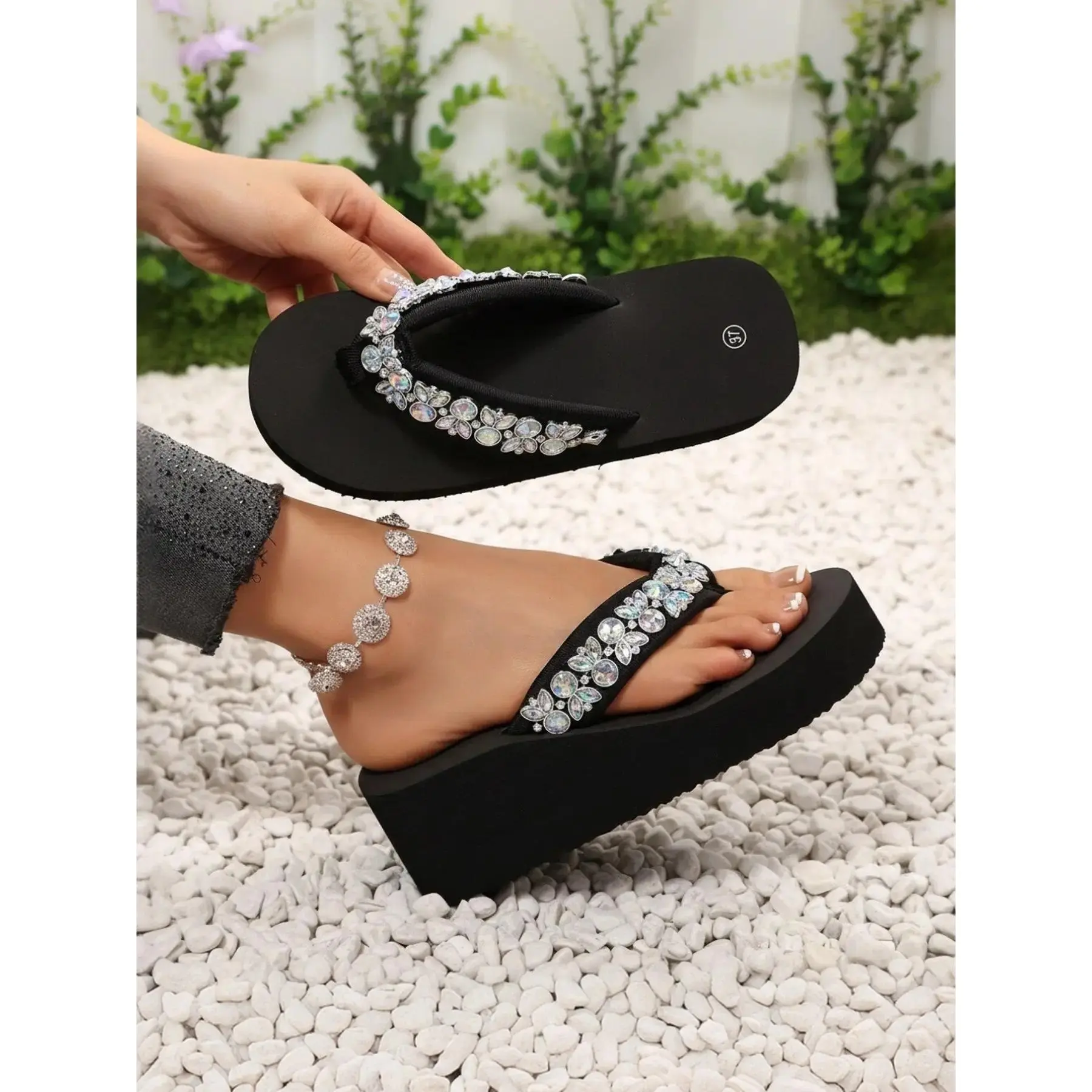 YYW1 Fairy Flower Sandals, Glitter Decorated Sandals, Embellished Sandals, Fashionable Flip Flops, Thick Sole Heightening Non-, Beach Vacation Sandals, Women's Casual Shoes