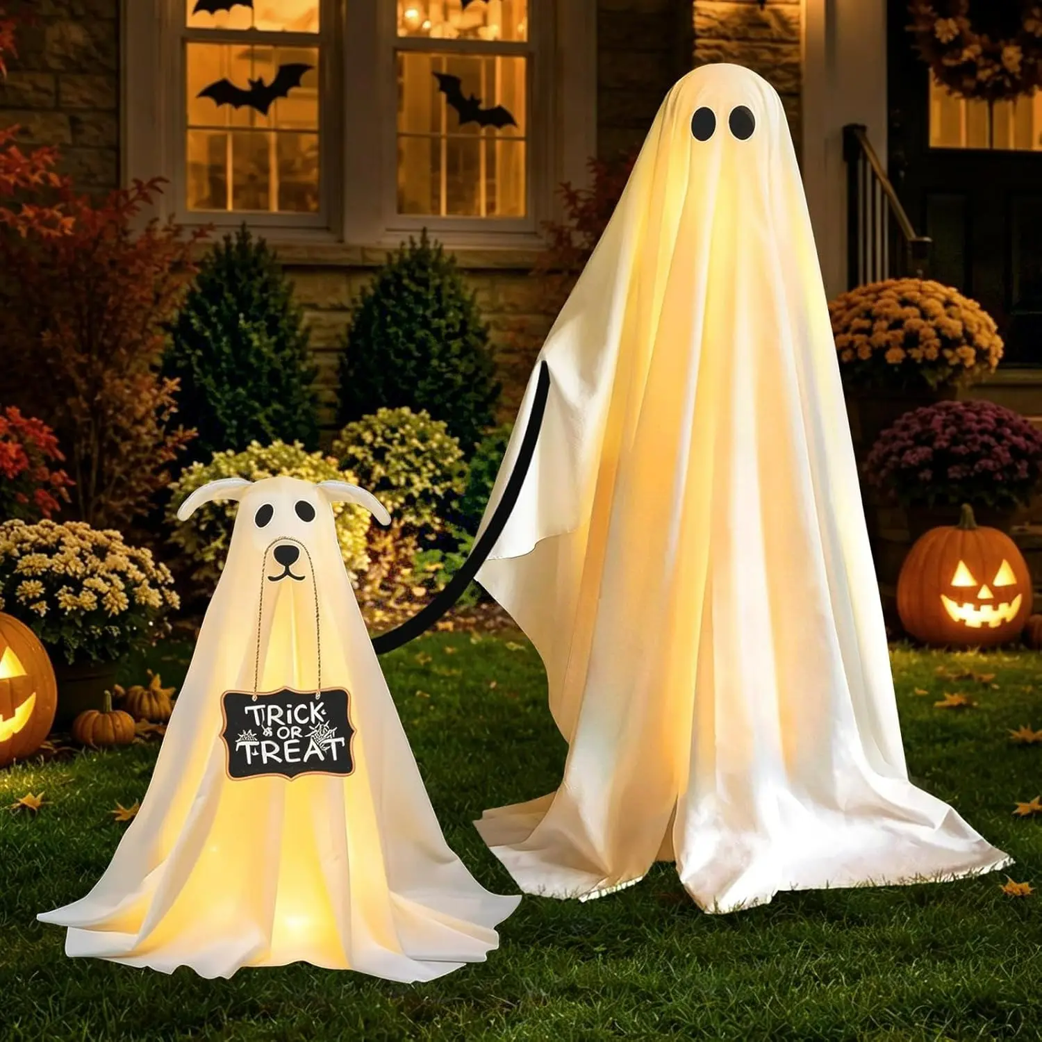 2 Piece Ghost Dog Halloween Decoration Set, Indoor Party Decor, Outdoor Courtyard and Porch, Remote Control String Lights Included, Led Light Up