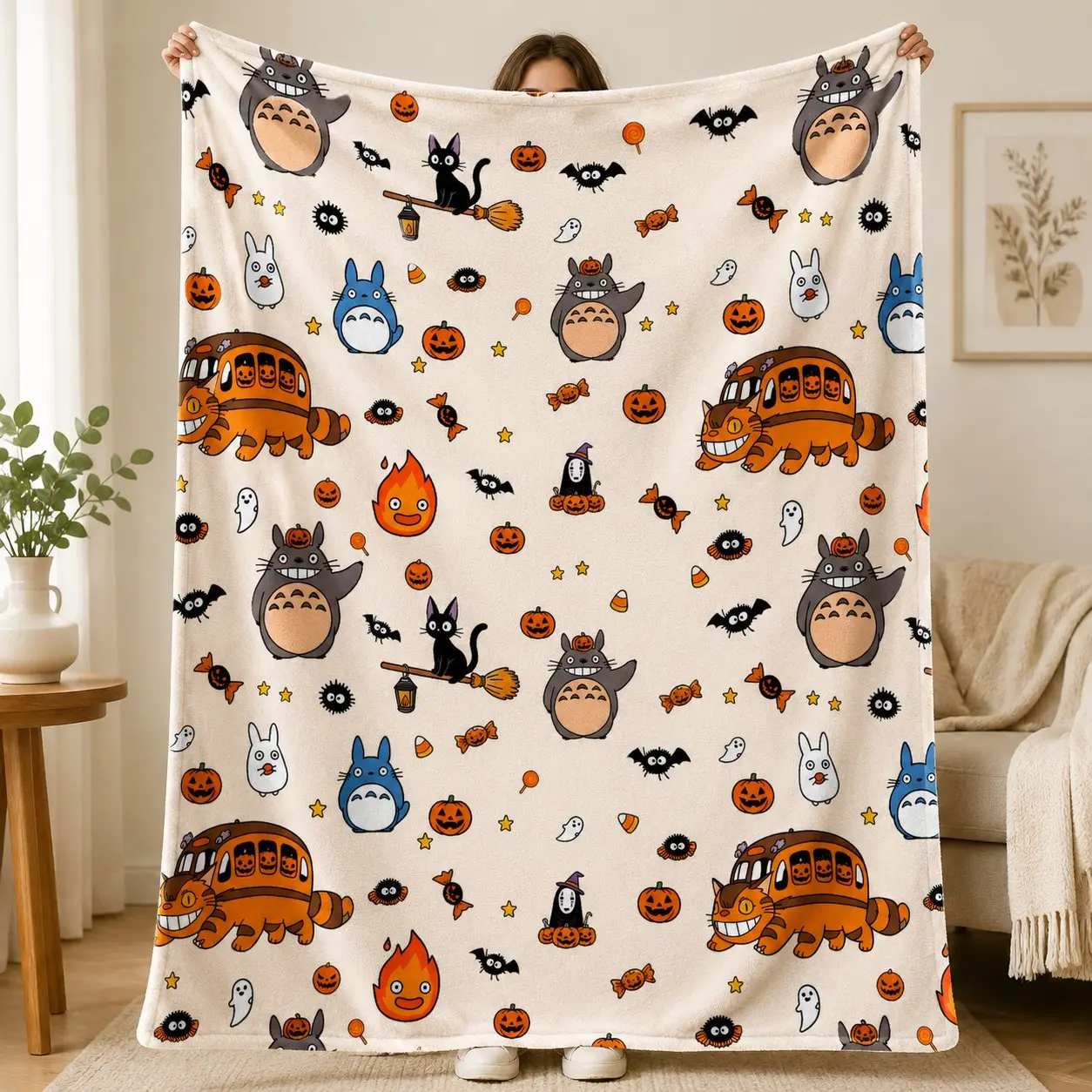 Studio Ghibli Totoro Halloween Flannel Blanket, Soft Plush Throw, Anime Fan Blanket, Cozy for Sofa Bed Nap Travel Gift