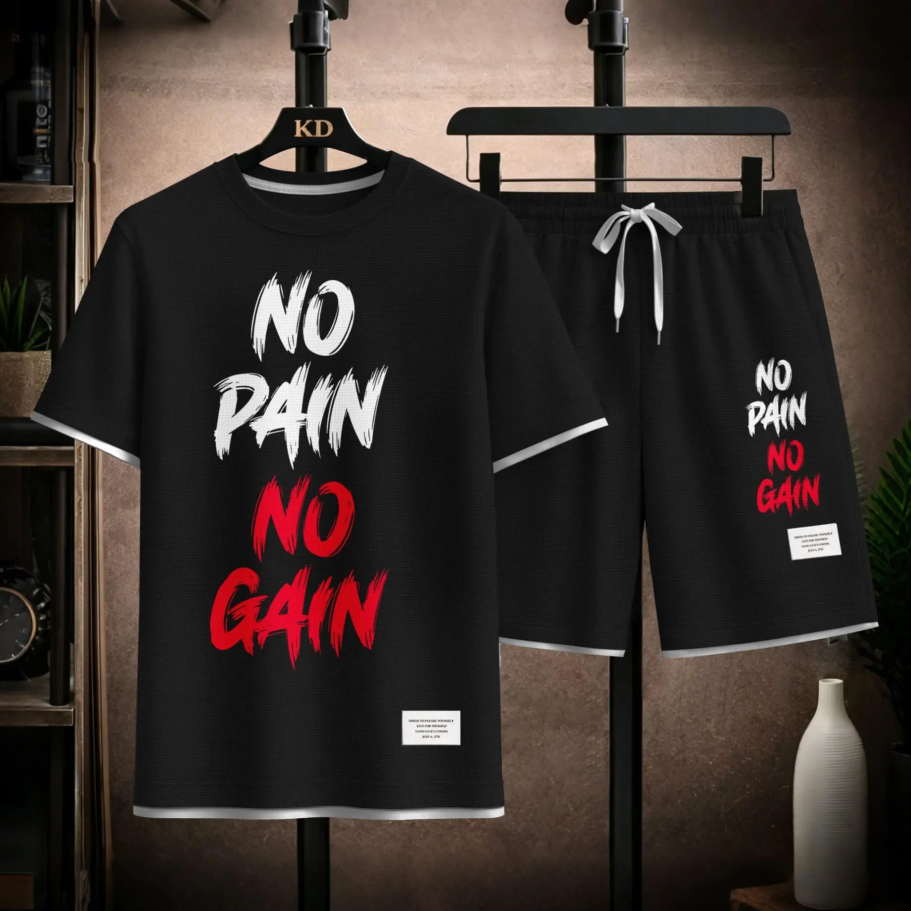 Men’s Loose 2-Piece Clothing Set - Polyester Waffle Knit Fabric, Round Neck Short Sleeve Top, Casual Shorts, Lightweight Sports Streetwear for Gym, Vacation