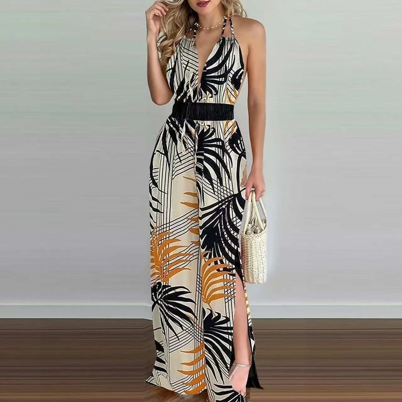 Women's Palm Tree Print Ruched Backless Split Hem Tie Back Cami Jumpsuit, Boho Sleeveless Wide Leg Halter Jumpsuit for Beach Holiday Vacation, Ladies Summer Clothes, Casual Jumpsuits, Lightweight Jumpsuit