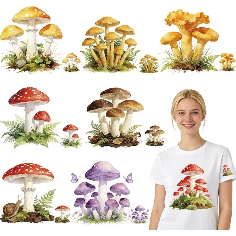 Retro Mushrooms Iron on Transfer Paper Plants Heat Transfer Sticker Washable Iron on Decals for T Shirts DTF Transfers Ready to Press for Kids Clothing Hoodie DIY Gift