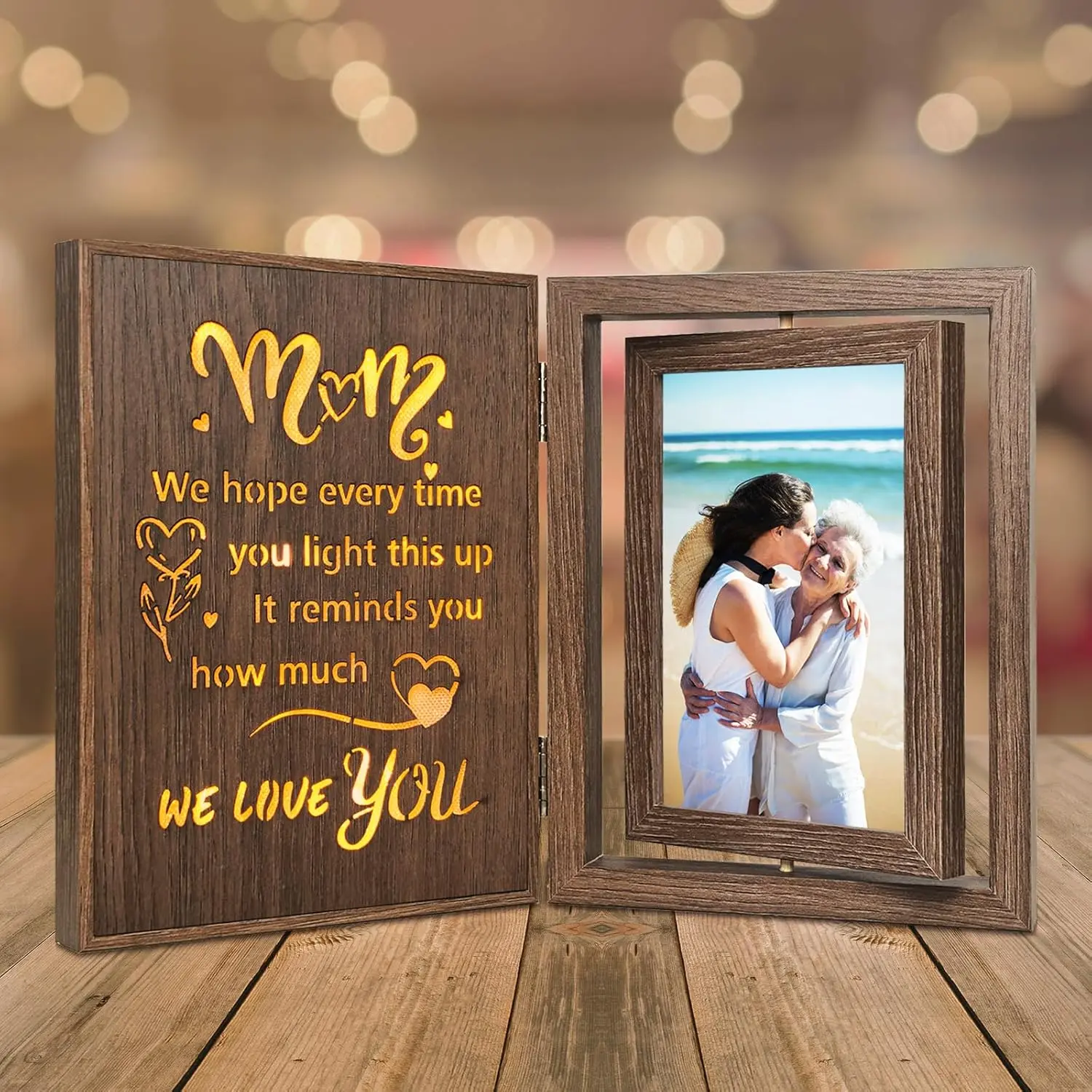 EYITUPC Light Up Mom Picture Frame – Vintage Wooden Mother Glowing Picture Frames for 2 4x6 Photos, Rustic Rotating Double-Sided Gift for Mom from Daughter or Son