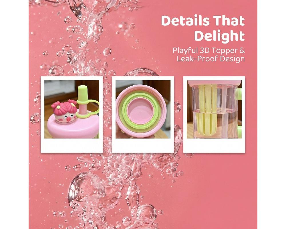 900ml High-Capacity Straw Tumbler Cute 3D Character Lid & Large Handle Portable Water Bottle with Built-in Tea Filter BPA-Free Heat-Resistant Cup for Iced Tea & Coffee Aesthetic Color-Blocking Drinkware