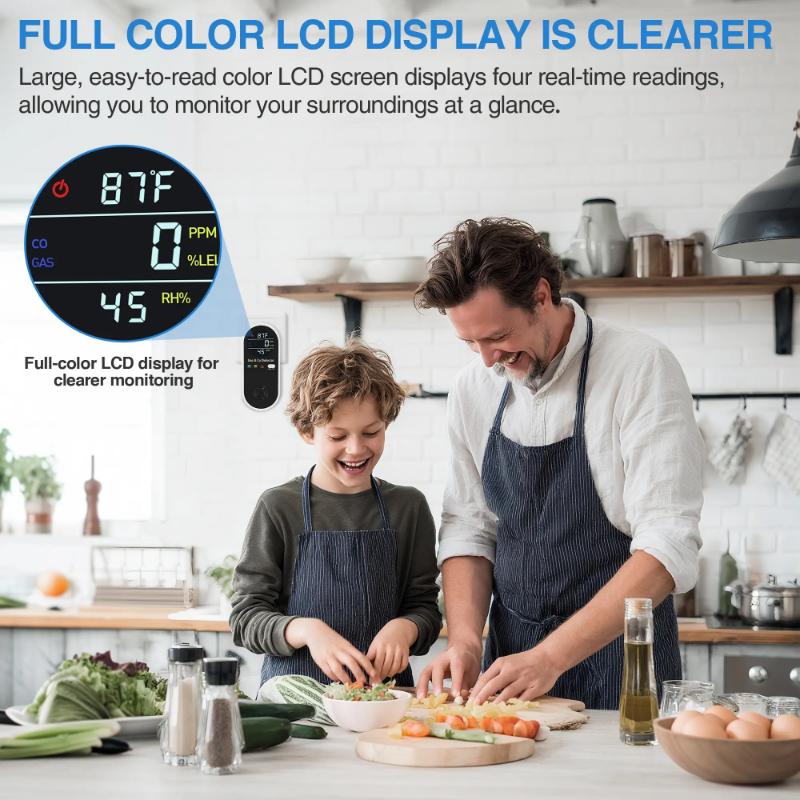 4-in-1 Display Remind,Plug in with Temperature Humidity Sensor Built-in,with DualSensor,Air Safety Remind with Clear Display Sound &Light for Homes,Kitchens,Apartments,RVs.