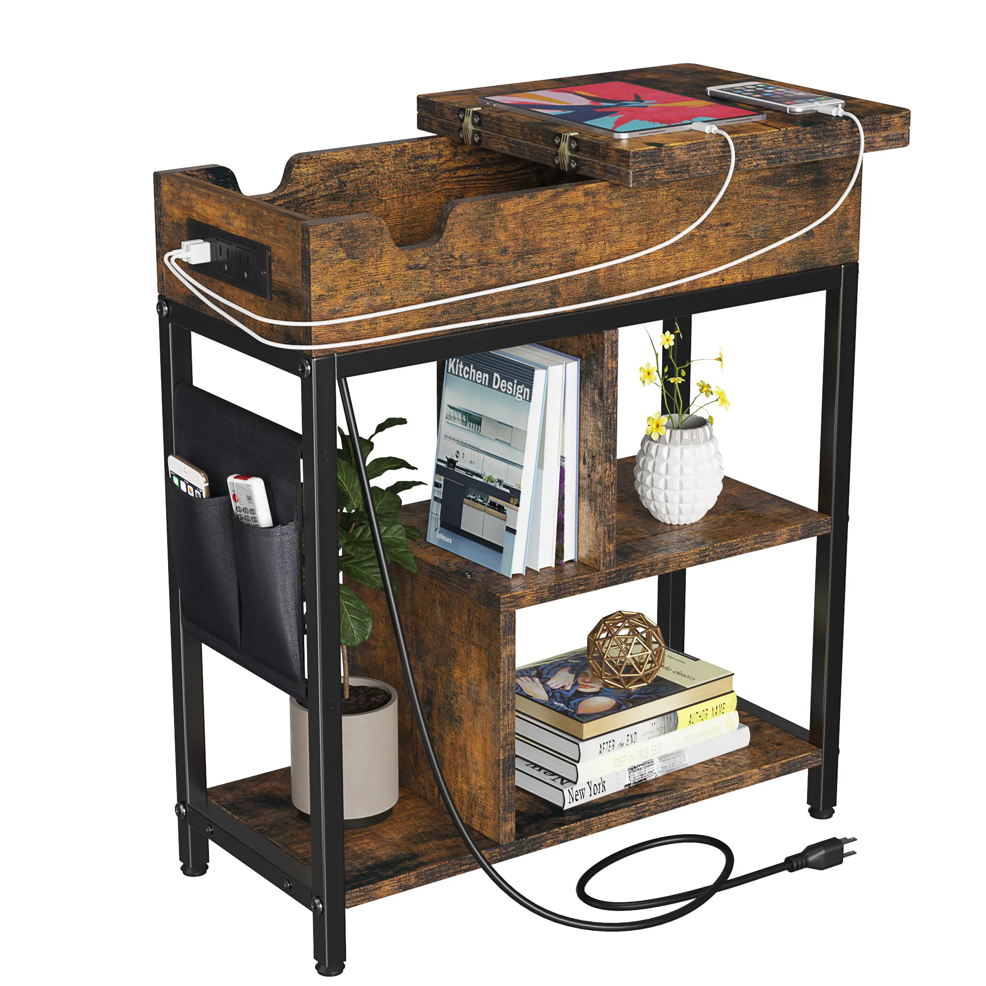Industrial Side Table with Charging Station & Storage, Ideal for Living Room, Bedroom, Small Spaces