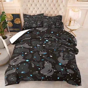 Black Camo with Blue Star Print Quilted Comforter Set, 1 Comforter + 1/2 Pillowcases, Soft Comfortable HD All-Season Streetwear Bedding, Perfect for Teen Boys Bedroom, Dorm & Trendy Urban Home Decor