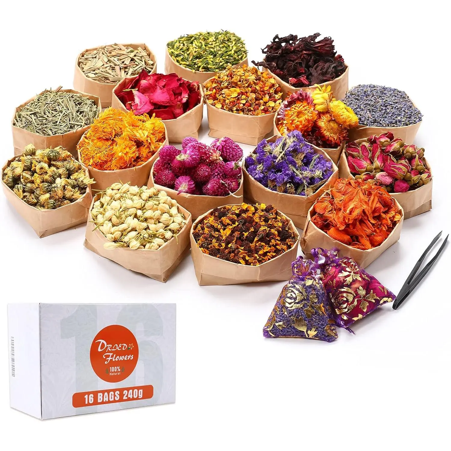 16-Bag 100% Natural Dried Flowers Herbs Kit (15g/Bag) - Lavender, Rose Petals, Rosebuds, Jasmine, Lilium, Forget-Me-Not & More for DIY Candle Making, Soap Making