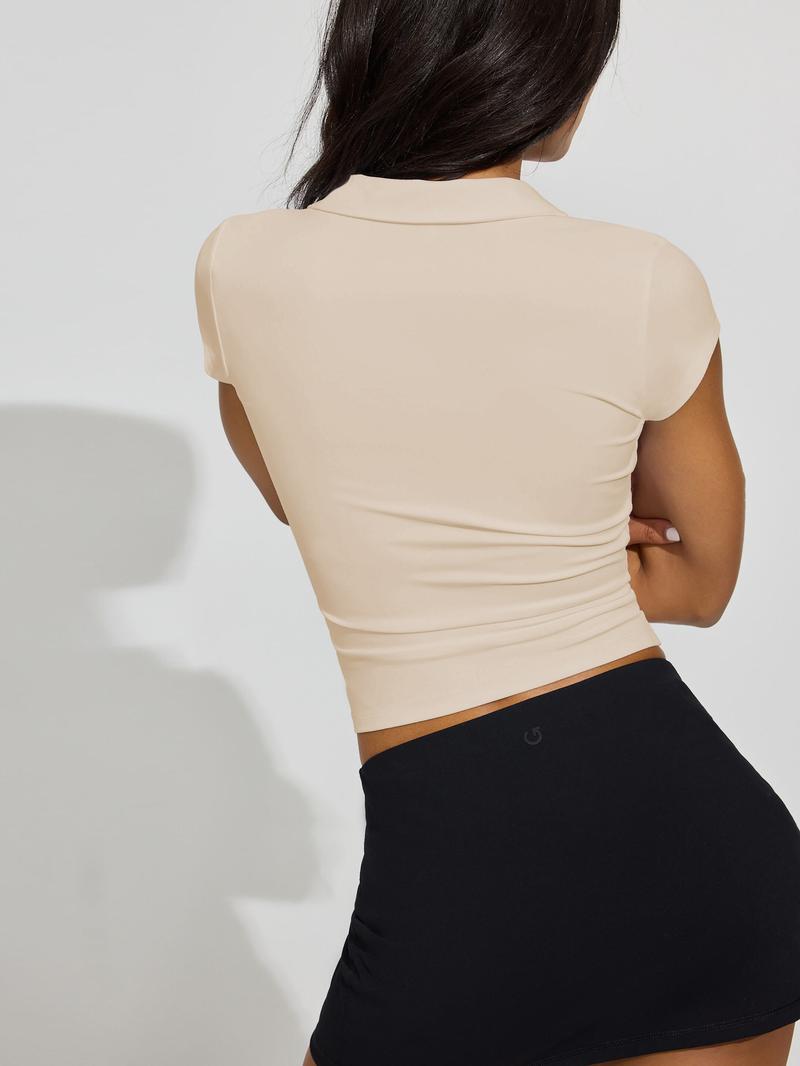 Summer Polo Collar Button Short Sleeve Slim Fit Sports Waist-Cinching Solid Color Versatile Top Short Sleeve