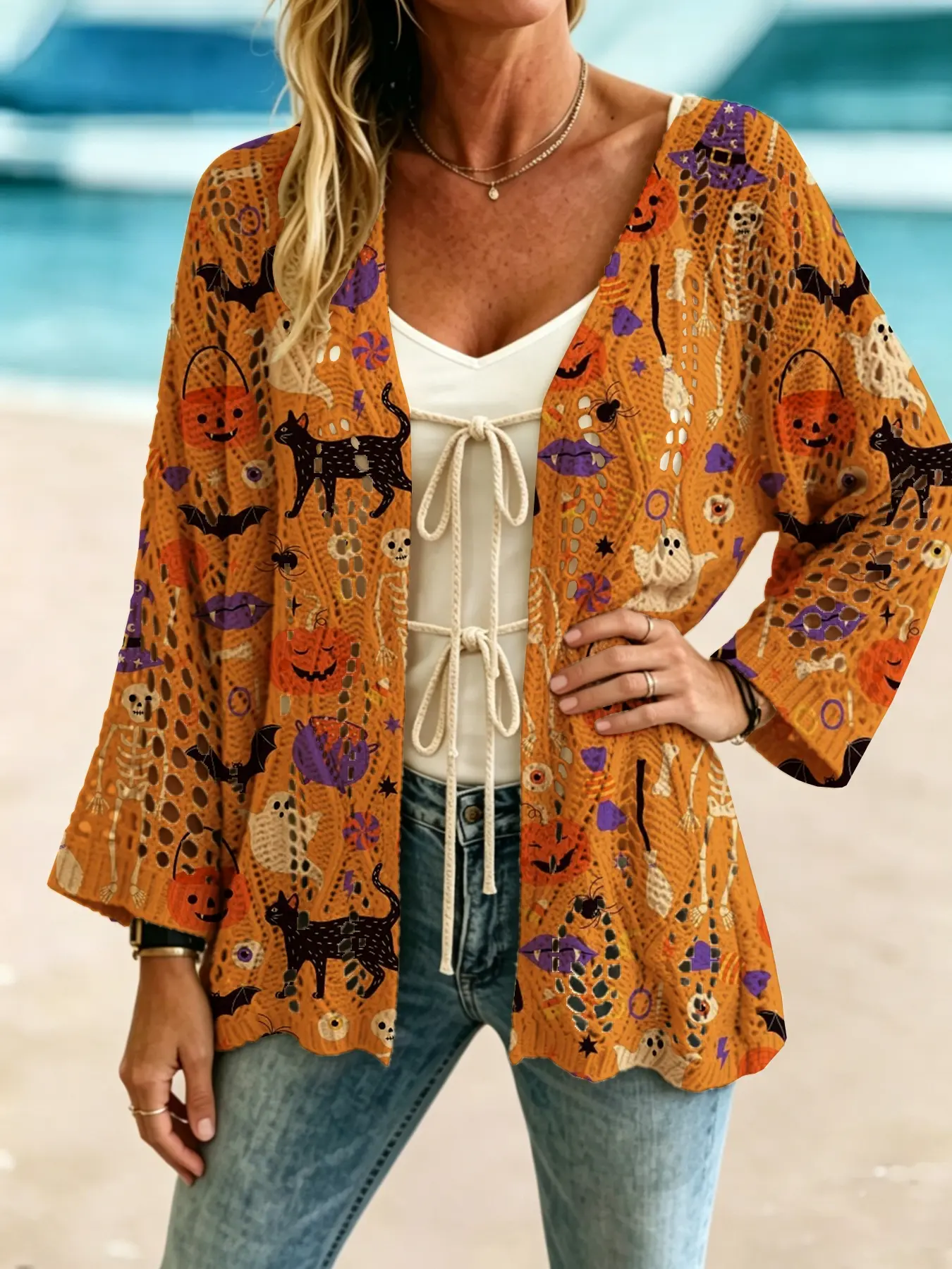 Women's Elegant Halloween Cartoon Cat Print Long Sleeve Knit Cardigan, Casual Breathable Knitted Sweater, Spring Summer Fall Clothing