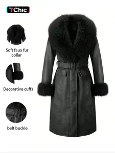 Women's Fall Winter Long Faux Fur Coat, Vintage Style Casual Cotton Jacket with Large Collar and Belt, Elegant Plain Design