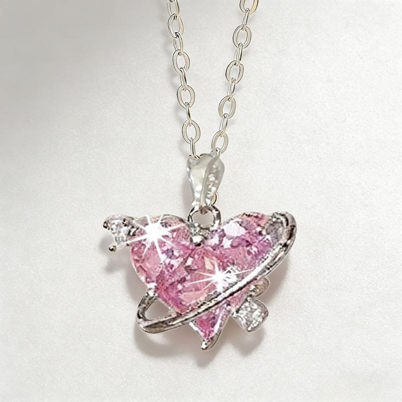 1pc Stainless Steel Heart Pendant Necklace with Shiny Pink Zirconia - Perfect for Couples Weddings Valentines Day & Holiday Gifts