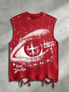American Vintage Rhinestone Sleeveless Vest, Unisex Starry Eye Cross Print, Loose-Fit Streetwear, Summer Hip-Hop Top