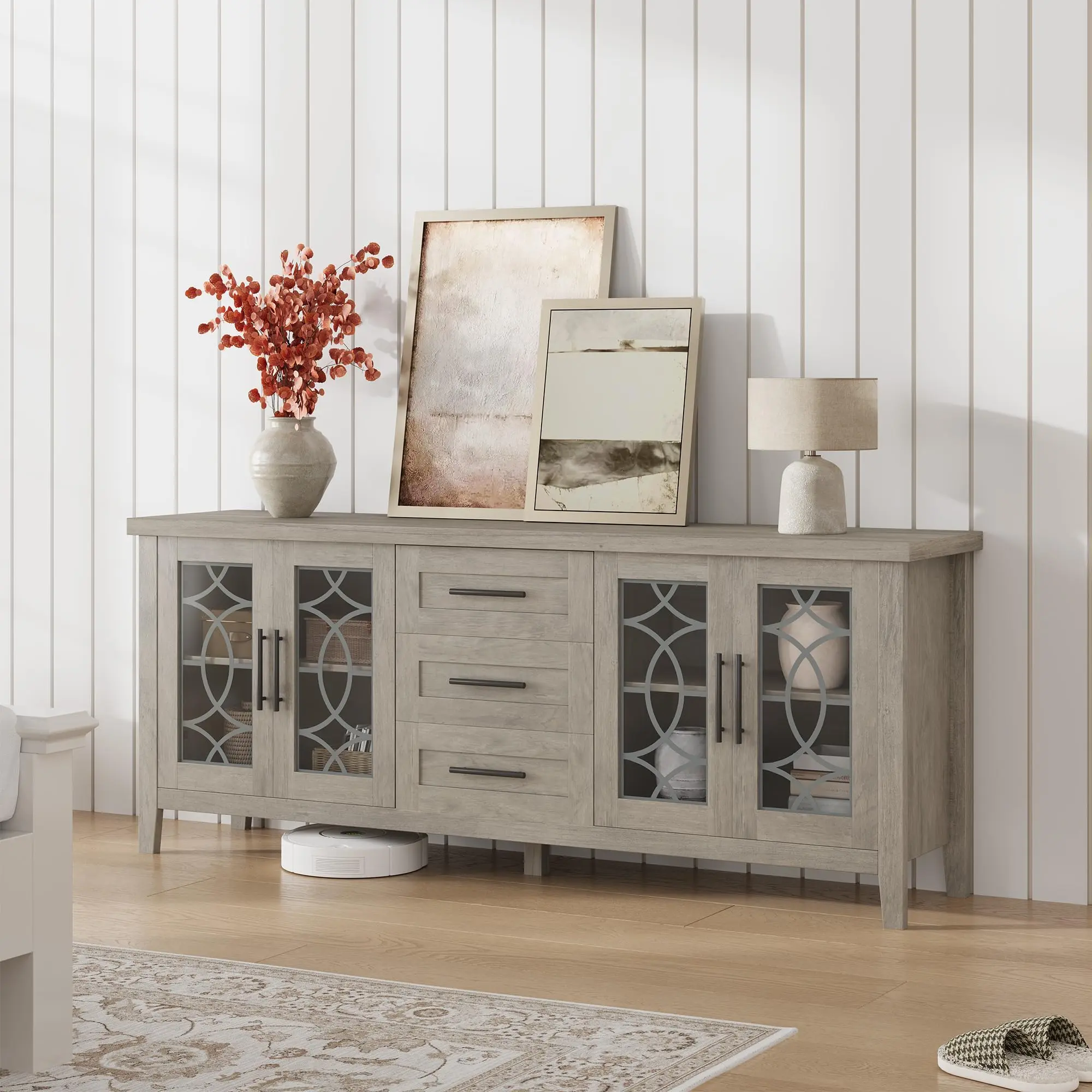 Farmhouse Mid-Century TV Stand for 70 Inch TV, Wooden Console with Glass Door, Drawers & Shelves, White & Brown Finish for Living Spaces,dorm essentials,home decor