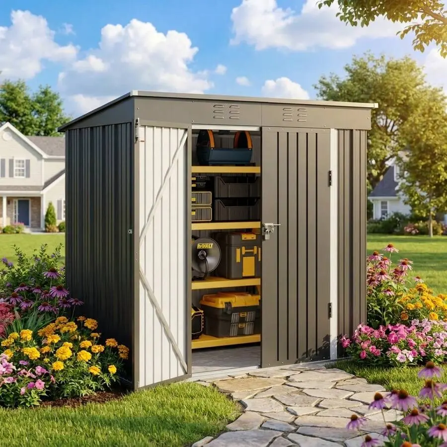 6' X 4' Outdoor Furniture Outdoor Storage Shed, Metal Shed, Anti - Corrosion Waterproof Shed Outdoor Storage Herramientas Tools Allowance, With Double Lockable Doors, With Base Frame, Backyard ,, Patio Lawn