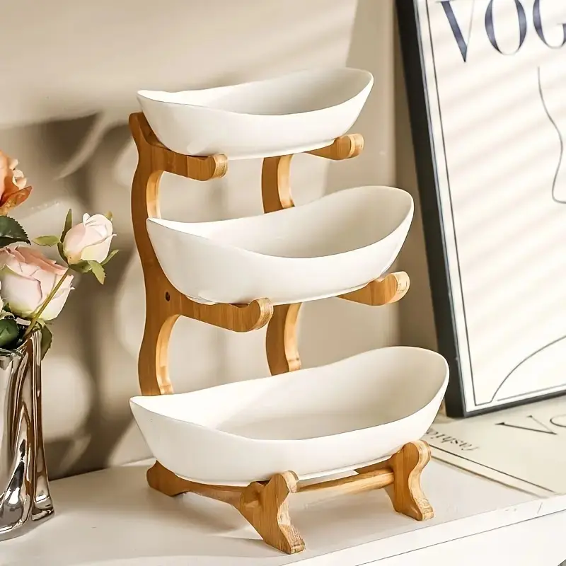 Multi-Tier Oval Fruit Basket with Bamboo Stand, Durable Polypropylene Kitchen Storage Rack Organiser with Natural Bamboo Finish, Modern Fruit Basket for Kitchen and Party Serving Tray, Display Riser