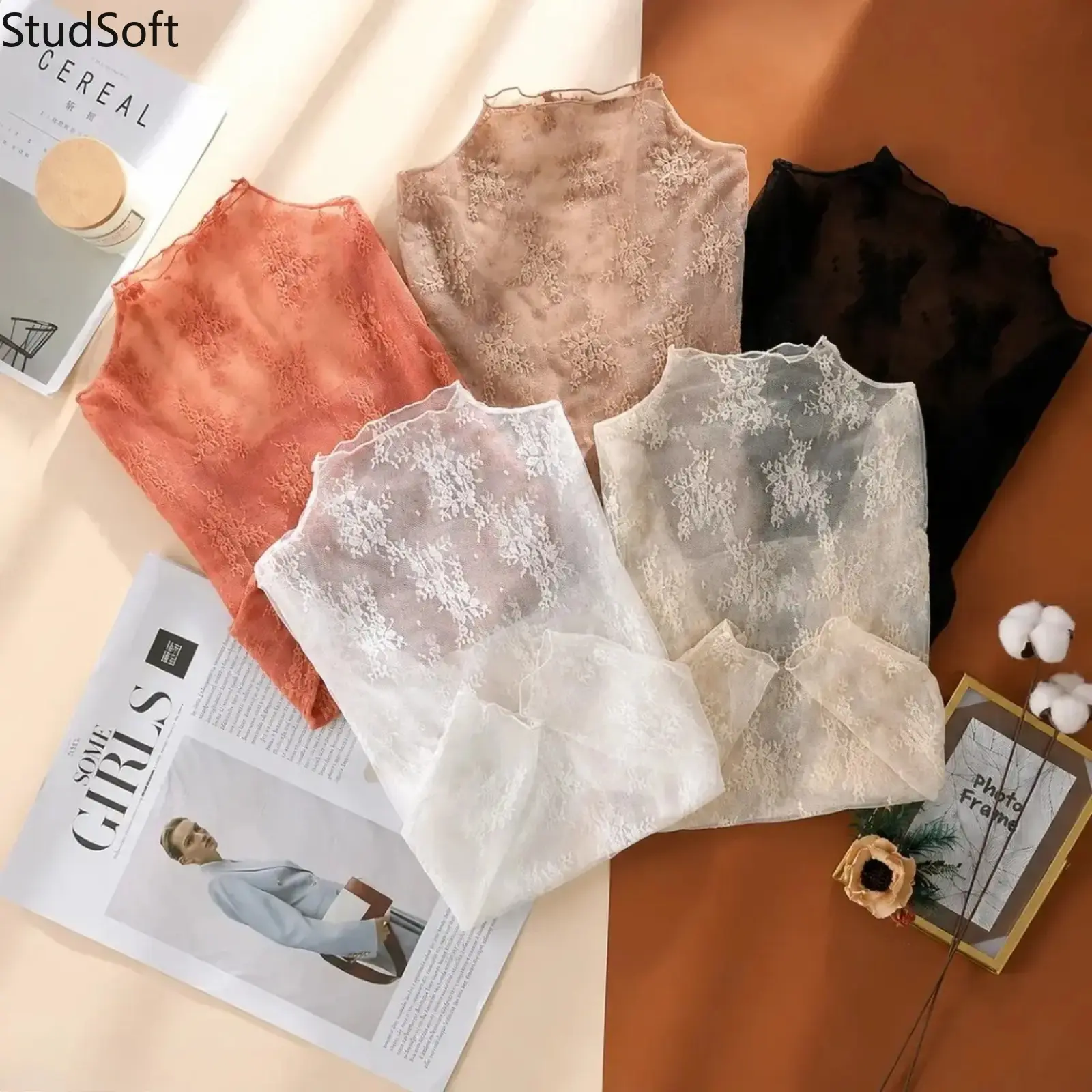 5Pack Womens Chic Elegant Lace Mesh Long Sleeve Top Tight Fit Lady Innerwear Soft Breathable Stretchy Lightweight Spring Autumn Daily Layering Blouse,sohochic