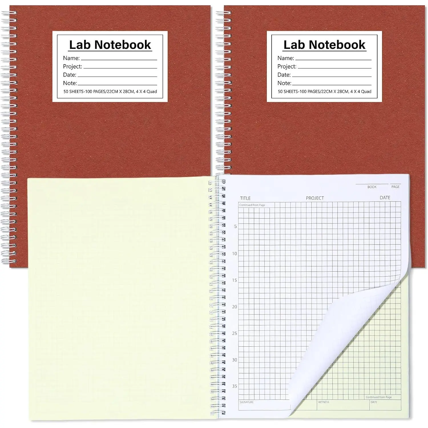 Carbonless Chemistry Lab Notebook, 50 Sets, 100 Sheets  | 8.5x11 Inch, Scientific Grid Pages, Wire Binding, Minimalist Student Laboratory Notebook, for Students Researchers