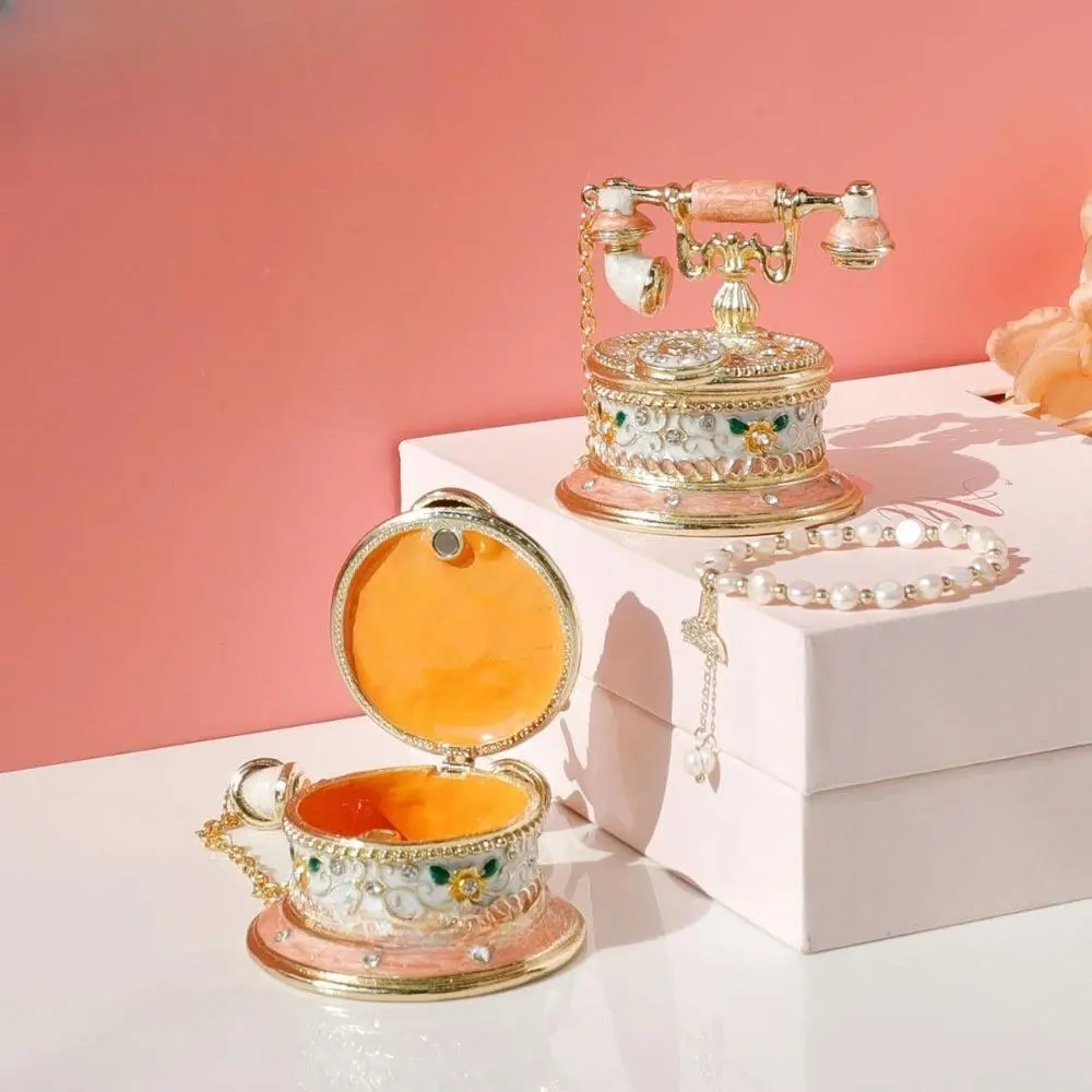 Vintage Telephone-Shaped Enamel Alloy Jewelry Box, Mini Trinket Organiser with Embossed Details & Glossy Finish for Rings & Necklaces, Nostalgic Retro Styling Decor for Display Shelves & Wine Cabinet, Premium Gift for Boutique Use