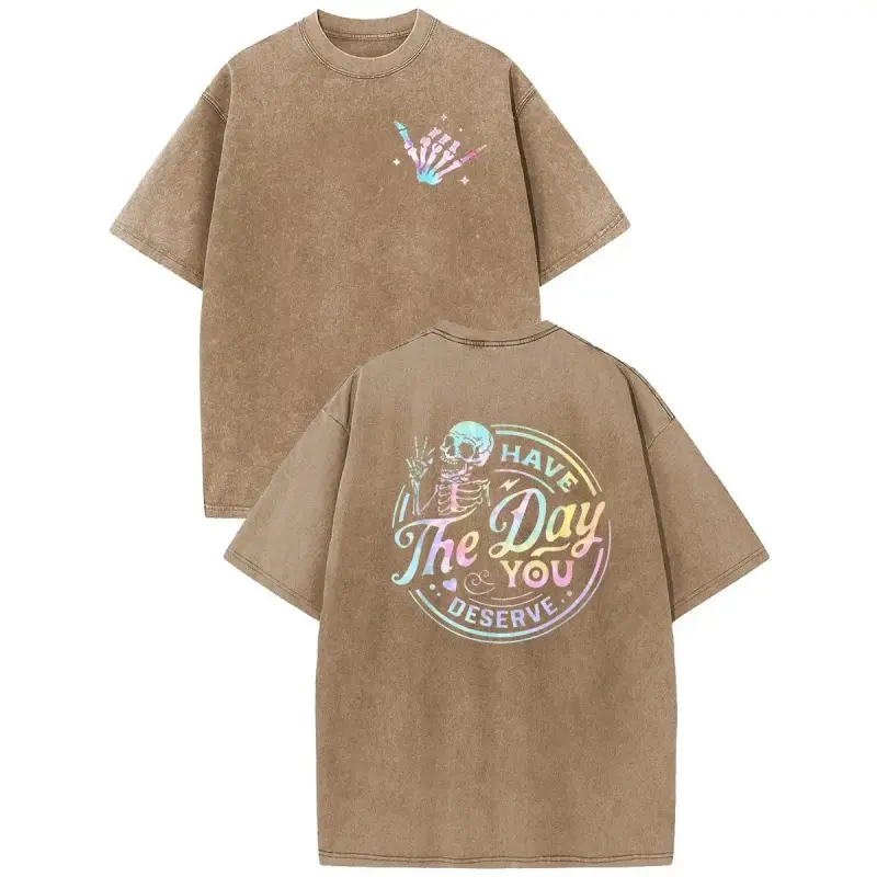 Unisex Oversized Cotton T-Shirt, Vintage Acid Wash Skeleton Graphic Streetwear Tops with Relaxed Fits for Daily Wear, Shortsleeve, Casual, Tee, Check, Round Neck