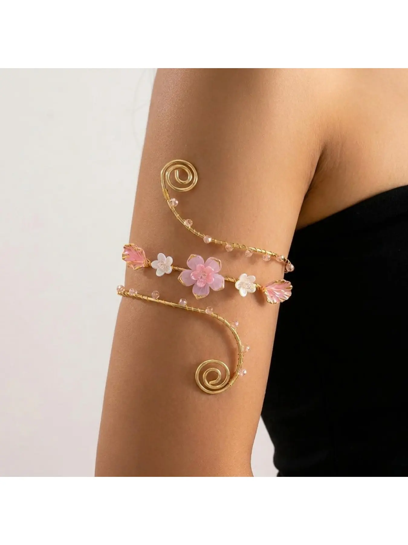 Colorful Boho Open Arm Cuff Bracelet, Spiral Geometric Bangle with Rose Butterfly Pearl, Women Fashion Jewelry for Summer Hawaiian Beach