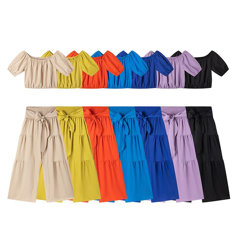 Women's Solid Color Top & Wide Leg Pants Set, Casual Off Shoulder Top & Palazzo Pants for Summer, Clothes for Beach Holiday Vacation, Womenswear
