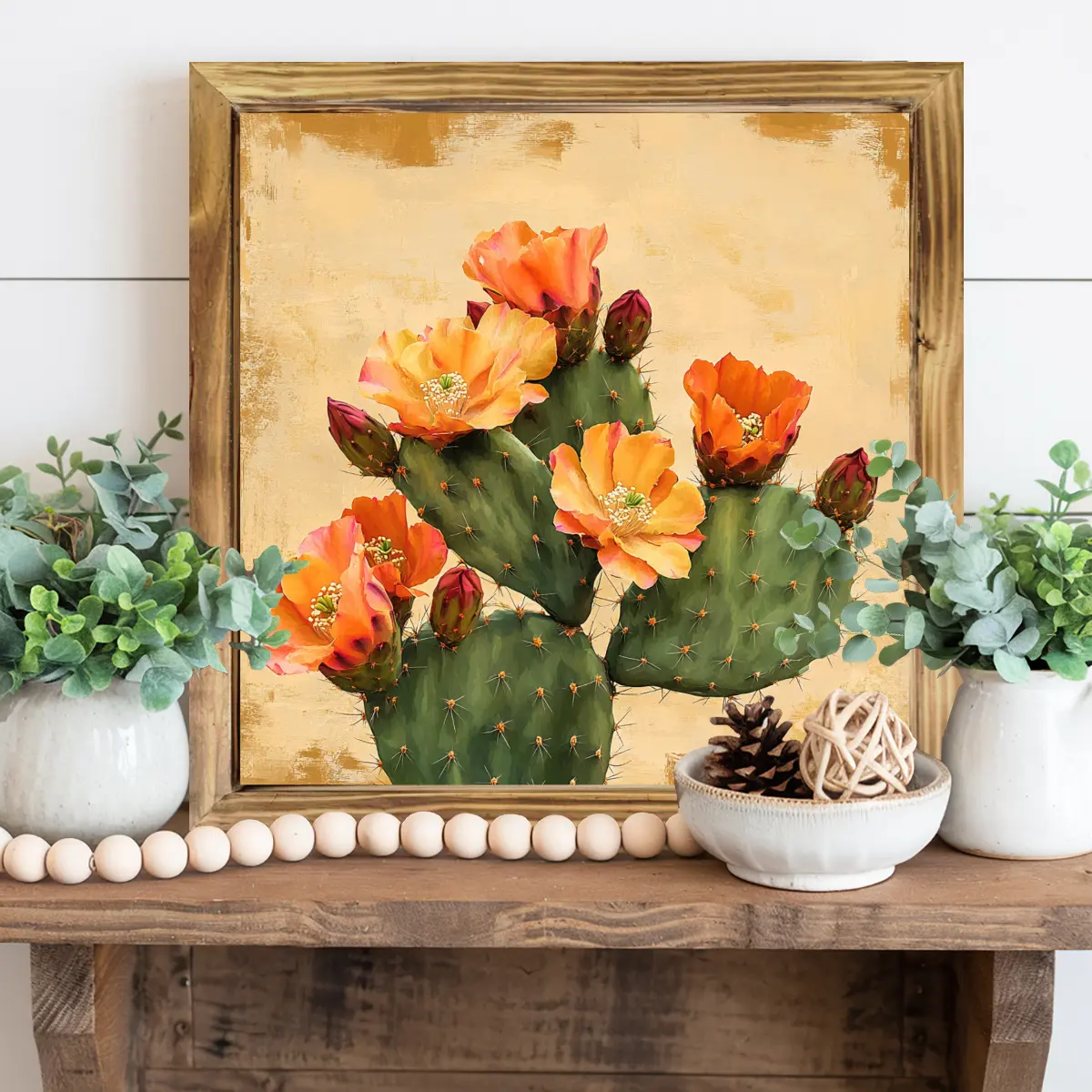 1pc Rustic Cactus Flower Wall Art - 8x8 Inch Vintage Orange Wooden Sign with Golden Frame, Mexican Desert Plant Plaque for Southwestern Home Décor, Housewarming or Valentine's Gift, Vertical for kitchen, Bathroom, Bedroom - Wood