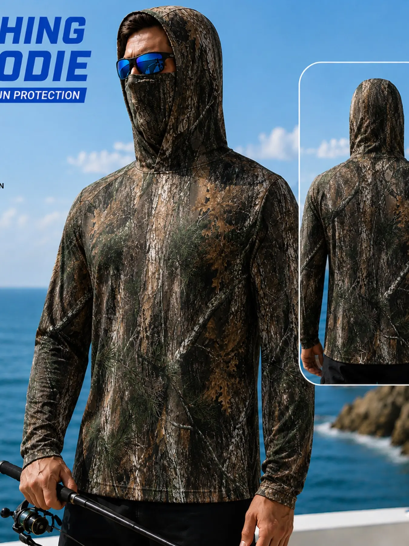 Men's Long Sleeve Hooded Fishing Shirt with Face Mask, Gradient Color Outdoor Fishing Clothing, Sun Protection Fisherman, Outdoor Tops