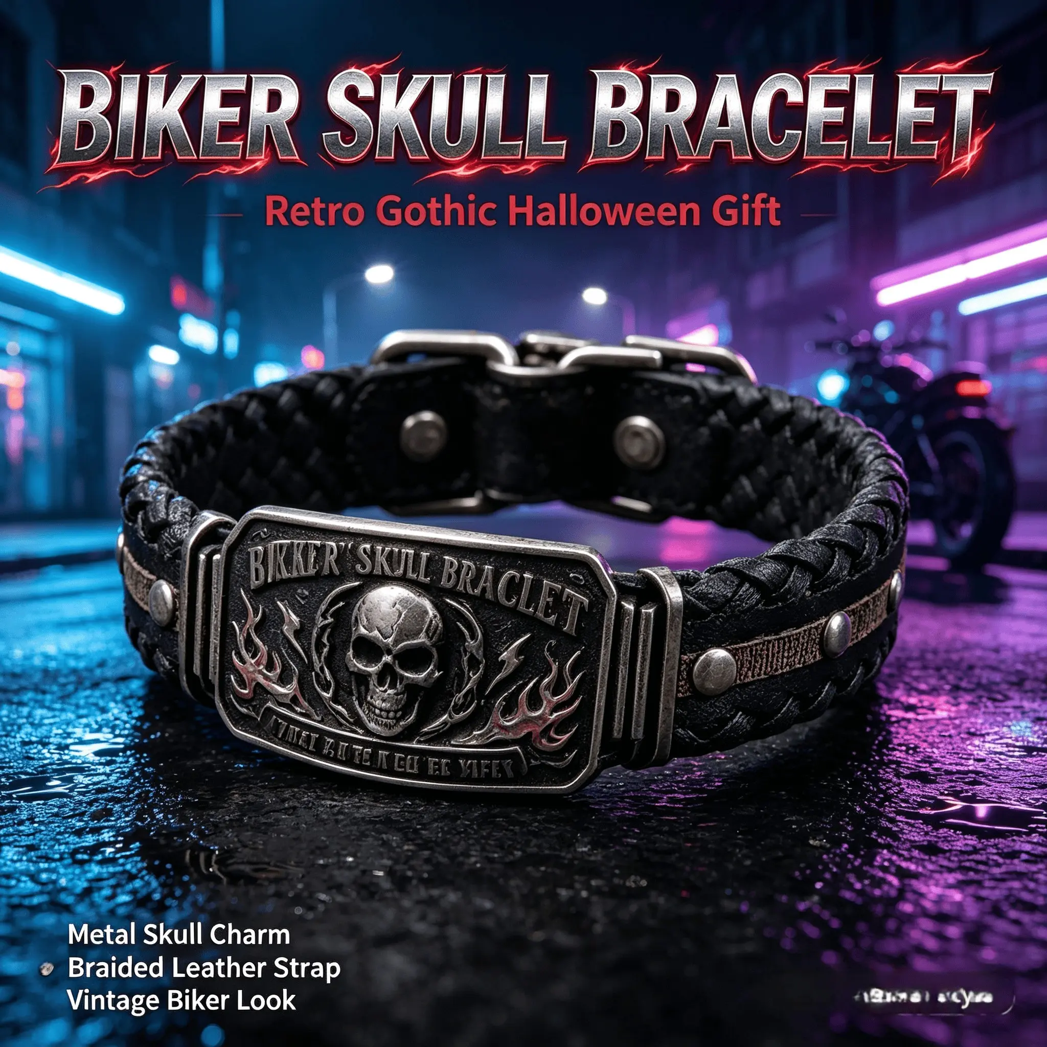 Vintage Skull Flame Braided Leather Wristband for Men, Retro Biker Club Bracelet, Gothic Halloween Gift, Punk Cuff Jewelry
