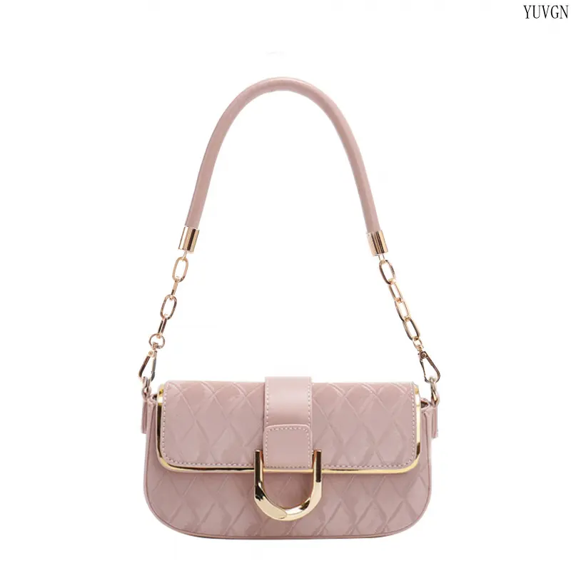 Women's Shoulder Bag, Elegant Diamond Quilted Baguette Purse, Small 2-Way Convertible Crossbody with D-Buckle Flap & Chain Strap, Top Handle, Evening, Two Ways Convertible tiktokshopbacktoschool