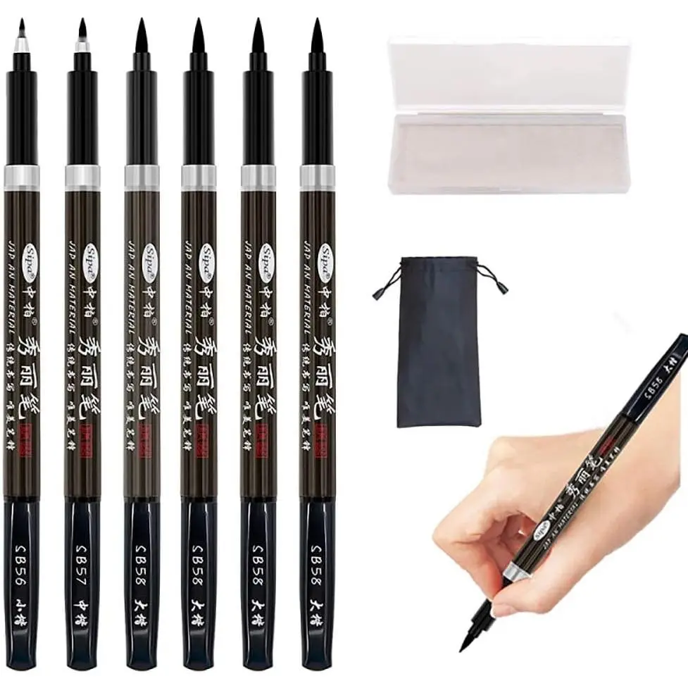 Calligraphy Hand Lettering Brush Pens Drawing Markers Beginners | Kits Chinese Japenese Pens Black Ink for Journaling, Writing, Art Drawing, 3 Size(Pack of 6)