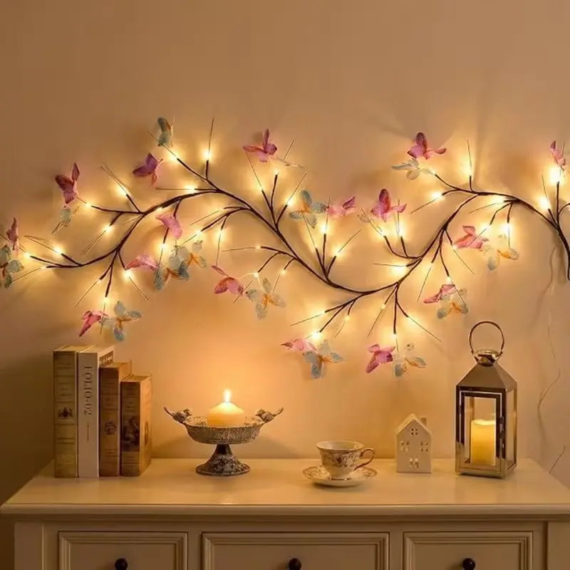 Flexible LED Wicker Vine and Butterfly String Lights, 8 Lighting Modes, USB Powered, Floral Design, Ideal for Wall, Bedroom, Parties, Gifts