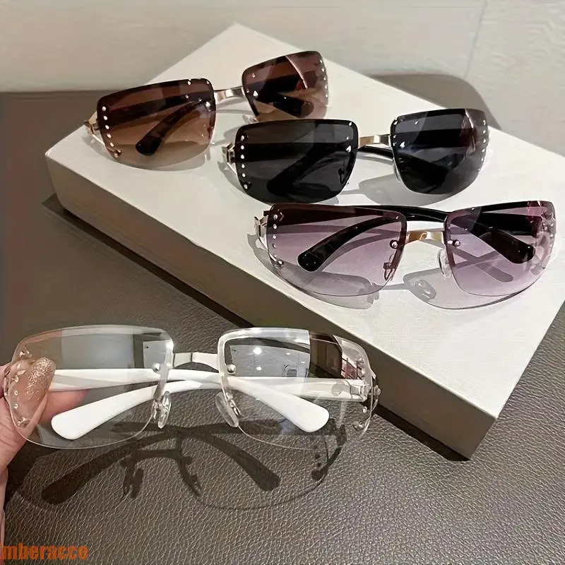 Women’s Y2K Cyberpunk Glasses, Futuristic Frameless Cat Eye Sunglasses with Metallic Accents and Decorative Lenses, Lightweight Retro Techwear Fashion Eyewear for Streetwear Outfits, Night Driving Style and Modern Trend Looks