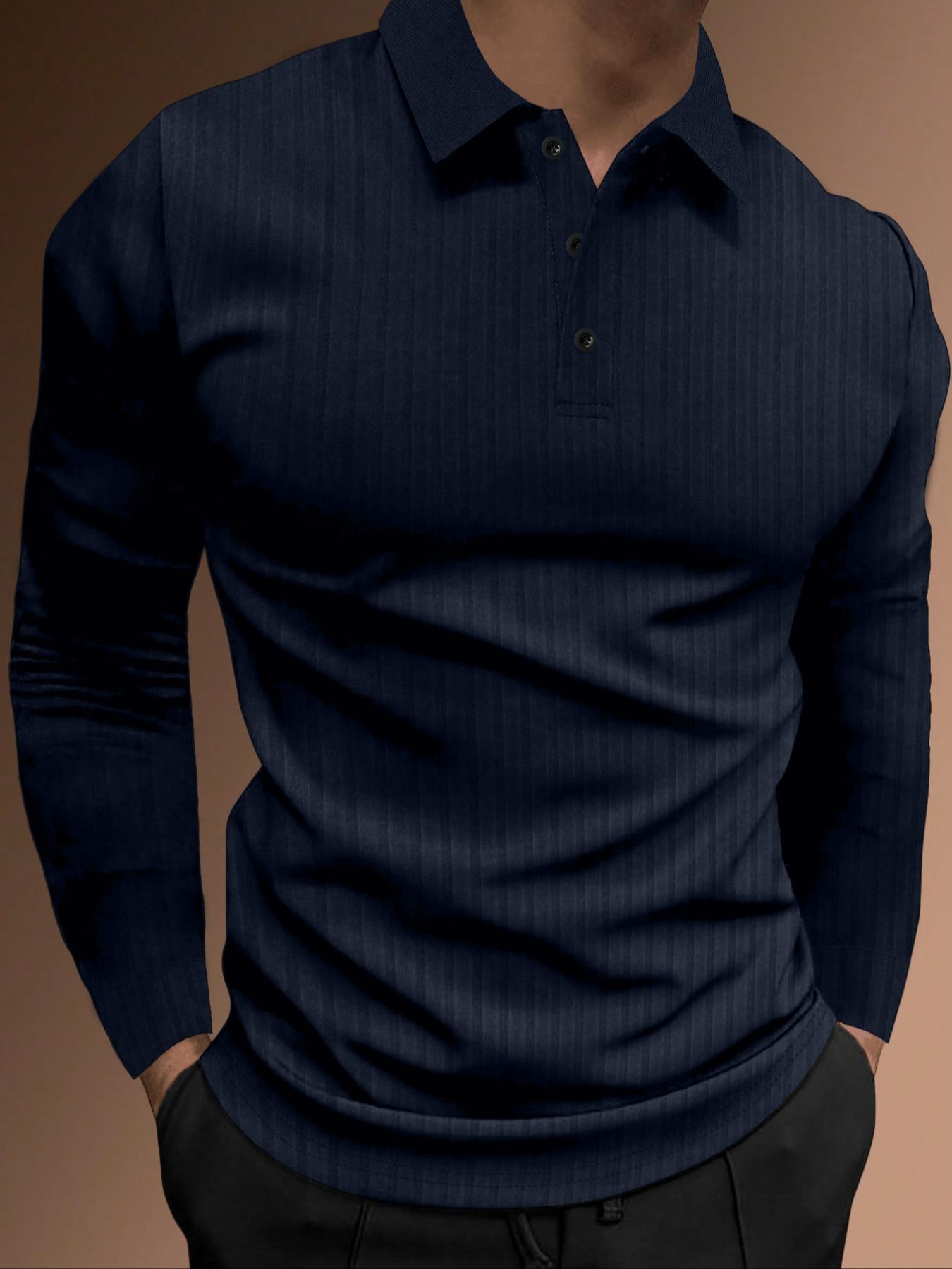 Men's Solid Color Button Polo Shirt, Regular Fit Business Casual Long Sleeve Top, Spring & Fall Fashion, Daily Wear Men's Clothing