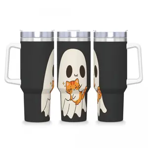 Cute Ghost Hug Orange Tabby Cat 40oz Tumbler With Handle