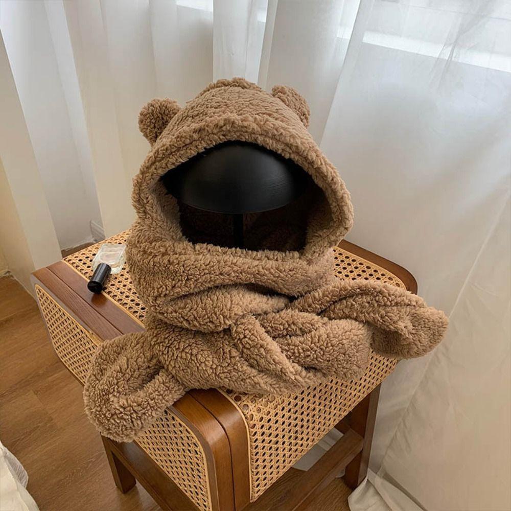 Unique 3 in 1 Bear Ear Plush Beanie Thickened Ear Protection Plush Scarf Hat Gloves Earmuffs Warm Fleece Scarves Hat Autumn