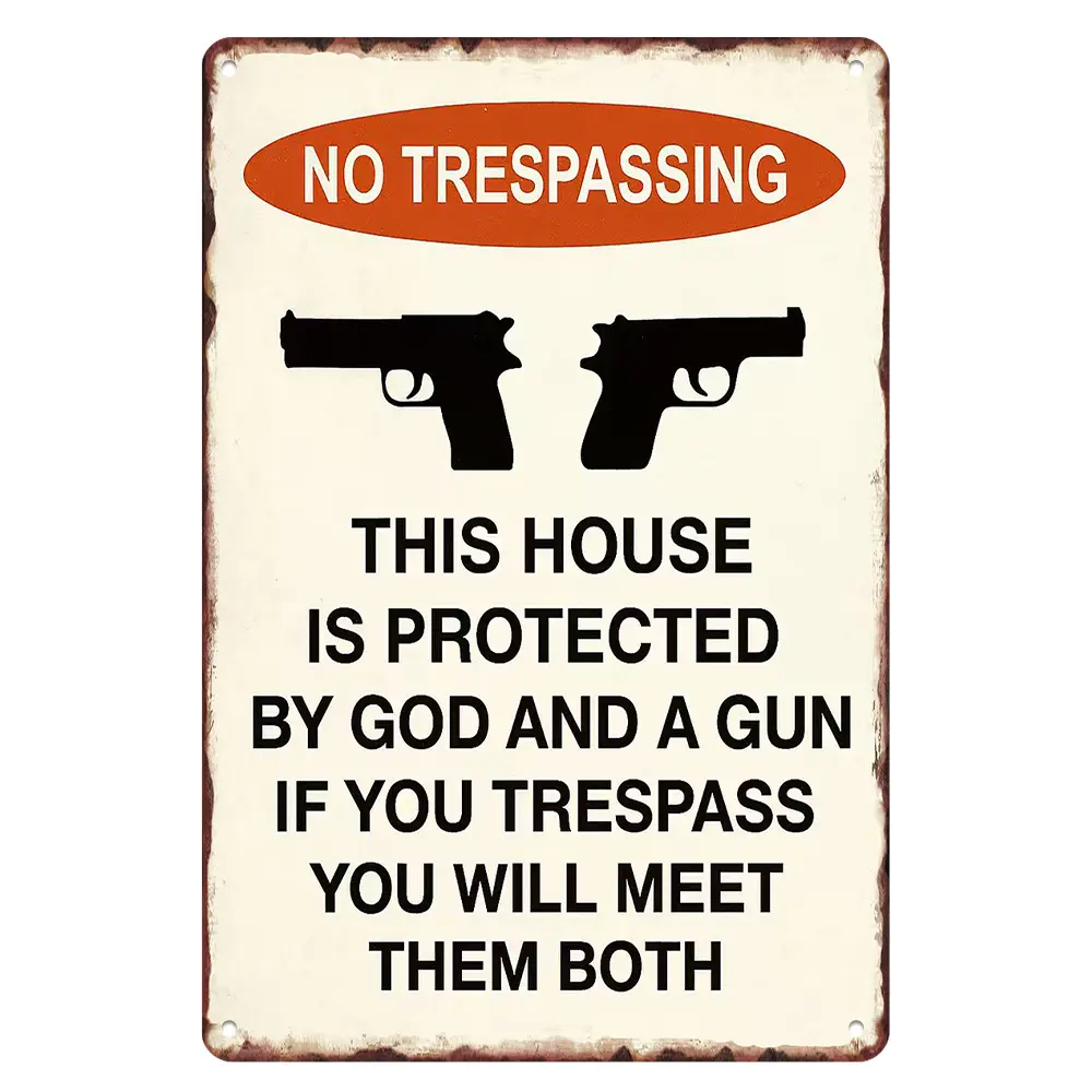 No Trespassing God And Gun Vintage Cream Rust Aluminum Metal Sign 8"×12", Dual Handgun Silhouette Outdoor Warning Wall Plaque, Waterproof Ranch Cabin Front Gate Decor Gift patio garage idea