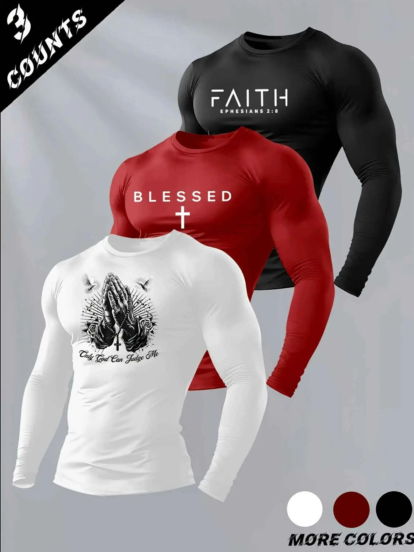 3 Packs Men Faith Blessed Cross Prayer Hand Graphic Stretch Muscle Fit Long Sleeve T-Shirt Set, Wrinkle Free Breathable Crew Neck Inspirational Religious Layering Undershirt For Church Daily Spring Fall Casual Outfits #christiantee #faithlongsleeve