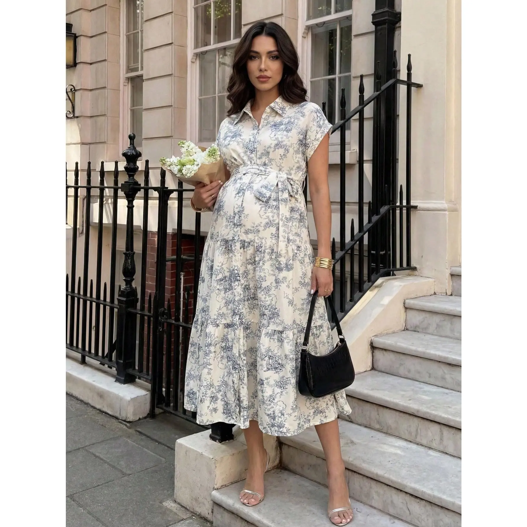 MaterniWear Maternity Work Clothes,Maternity Dresses,Business Casual,Maternity Plaid Short Sleeve Single-Breasted Ruffle Hem Shirt Dress